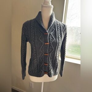 Eddie Bauer Charcoal Cable Knit Cardigan Wooden Accents Wool Blend Size Small